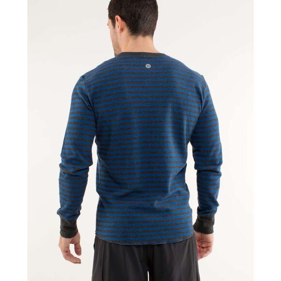 Lululemon Men's Binary Crew Rugged Blue Gray Stripe Reversible Long Sleeve Top - Picture 2 of 12